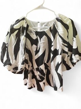 DKNY Black White Abstract Linen Puff Sleeve Top Size S